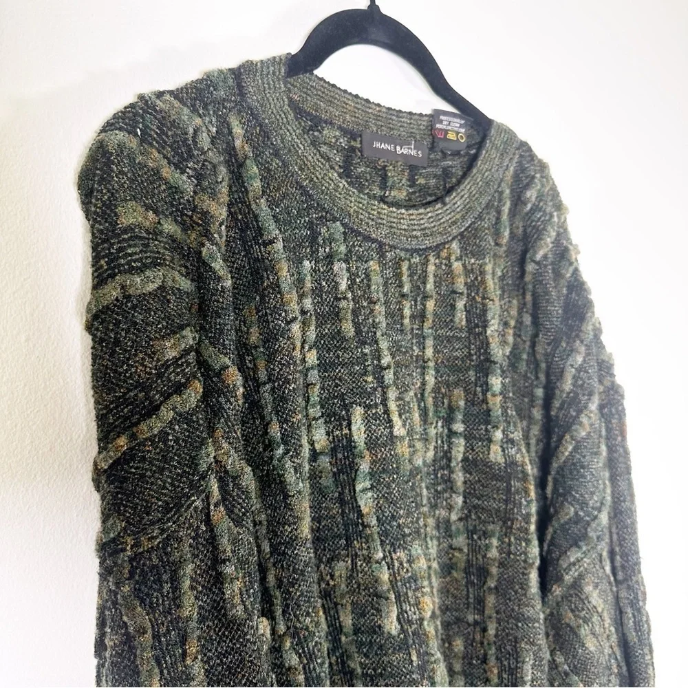 Jhane Barnes Green Sweater Rugged Line Pattern Men's Long Sleeve 3d knit VTG